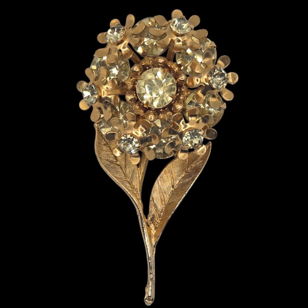 Vintage Gold Tone Citrine Brooch Dimensional Cluster Flower